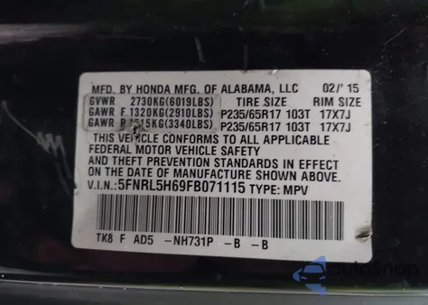 2015 Honda Odyssey Ex-L from USA, damaged, VIN 5FNRL5H69FB071115